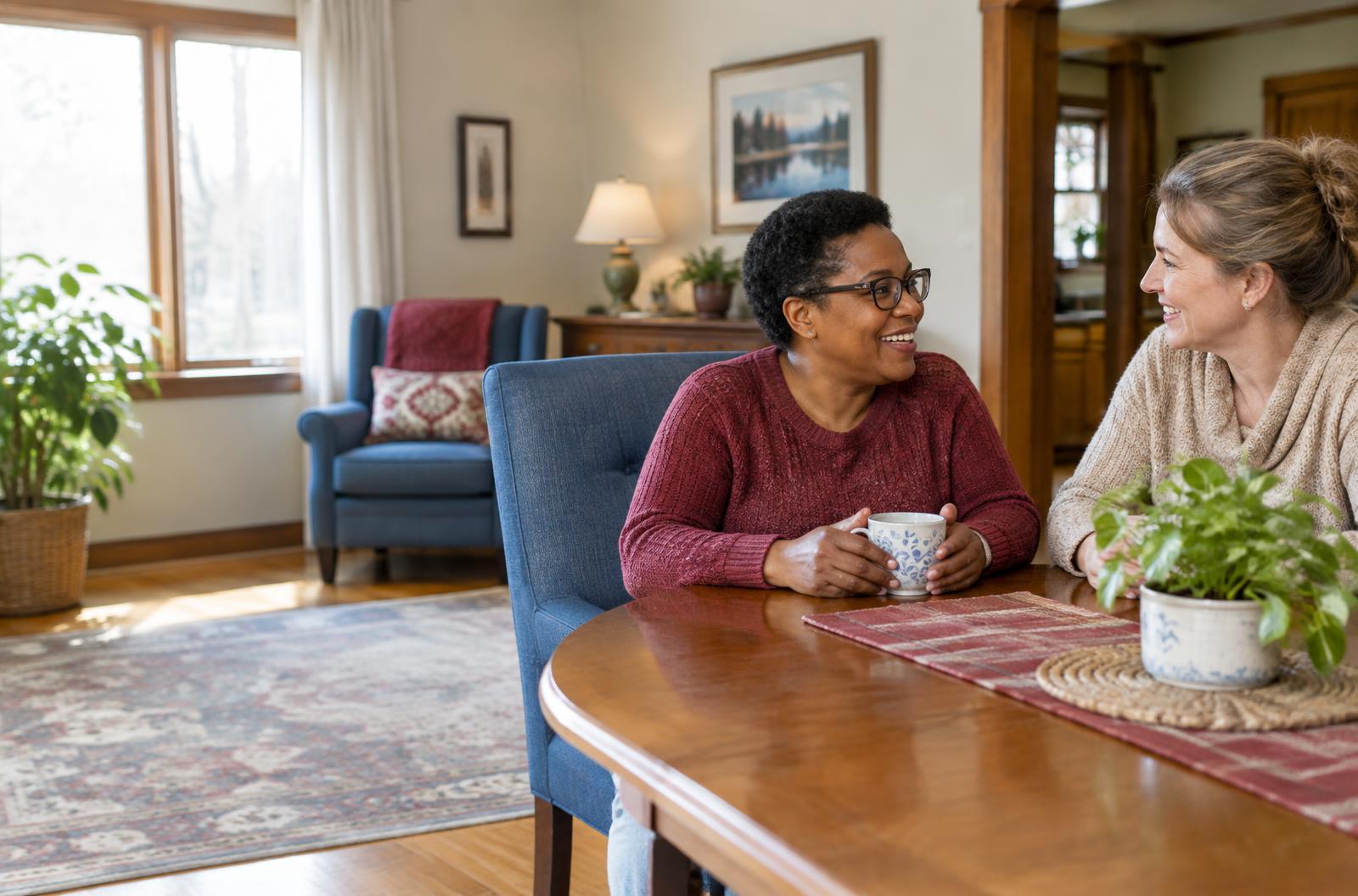Resident and caregiver sharing a warm conversation at home